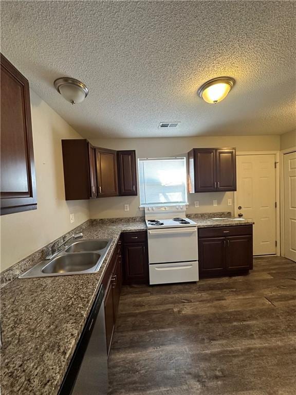 kitchen featuring sink, dark wood-type flooring, stainless steel dishwasher, and white range with electric cooktop