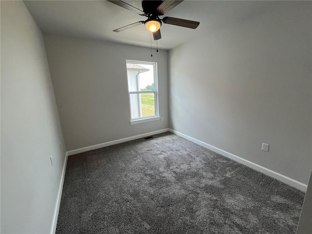 empty room featuring visible vents, baseboards, ceiling fan, and carpet flooring