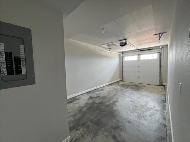 garage with electric panel, baseboards, and a garage door opener