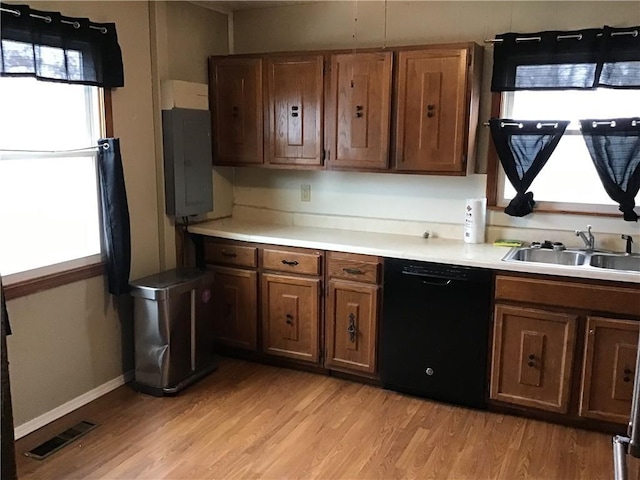 kitchen featuring dishwasher, sink, and light wood-type flooring