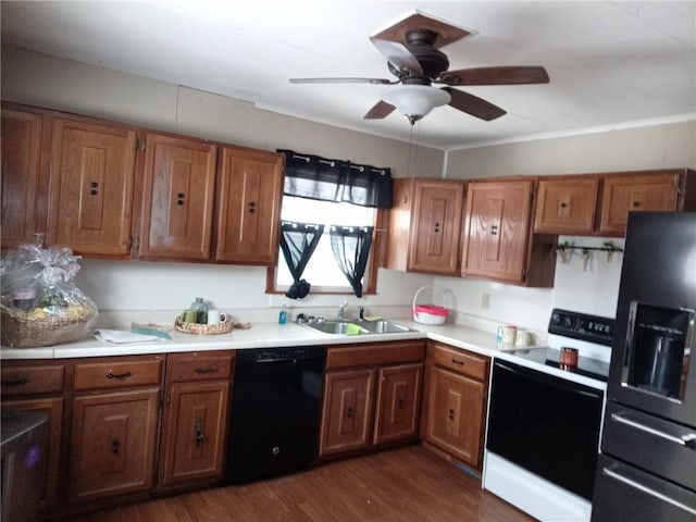 kitchen featuring sink, dark hardwood / wood-style floors, black dishwasher, range with electric stovetop, and stainless steel fridge with ice dispenser