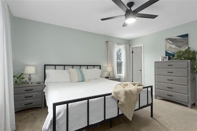 bedroom with ceiling fan and carpet flooring