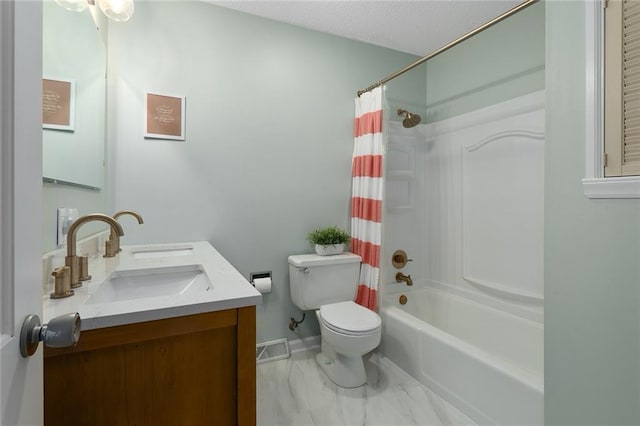 full bathroom featuring shower / bath combination with curtain, vanity, and toilet