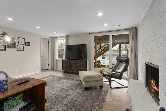 living room featuring a fireplace