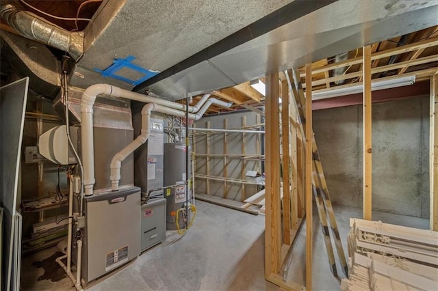 basement with heating unit and water heater