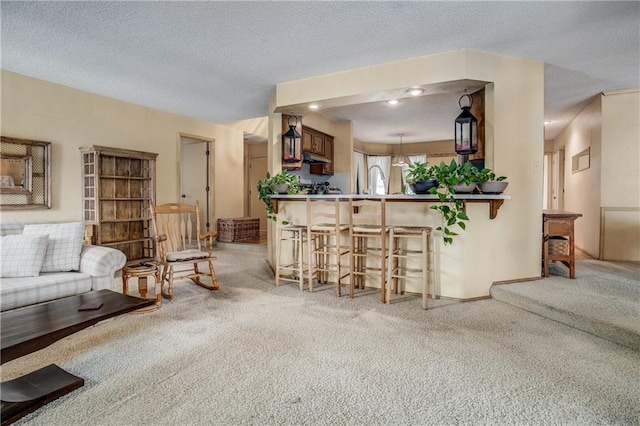 carpeted living room with a textured ceiling