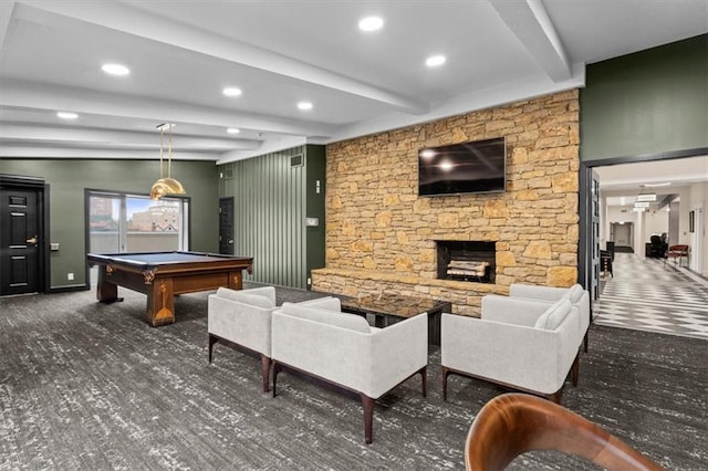 playroom with beamed ceiling, pool table, a fireplace, and dark colored carpet