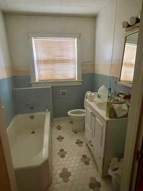 bathroom with vanity, a tub, and toilet