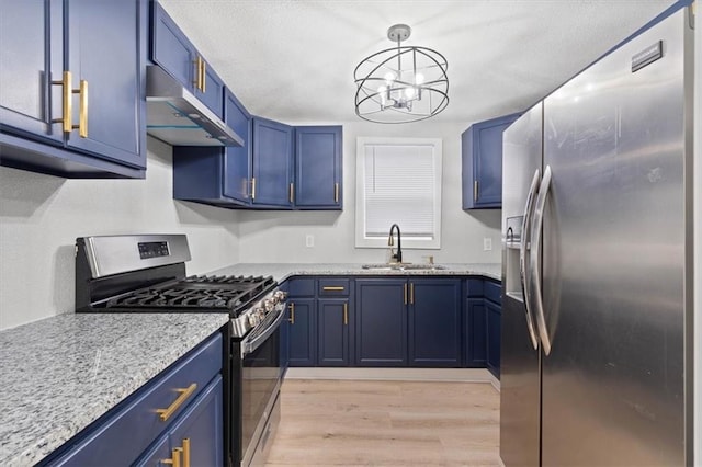 kitchen with stainless steel appliances, blue cabinetry, and pendant lighting