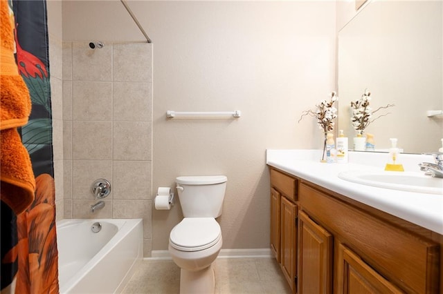 full bathroom with vanity, tile patterned floors, shower / bath combination with curtain, and toilet