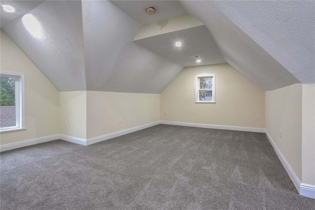 bonus room with vaulted ceiling, carpet, a textured ceiling, and a wealth of natural light