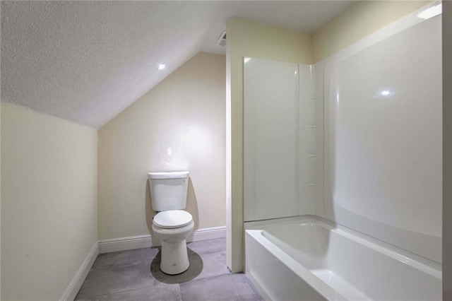 bathroom with vaulted ceiling, shower / tub combination, toilet, and a textured ceiling