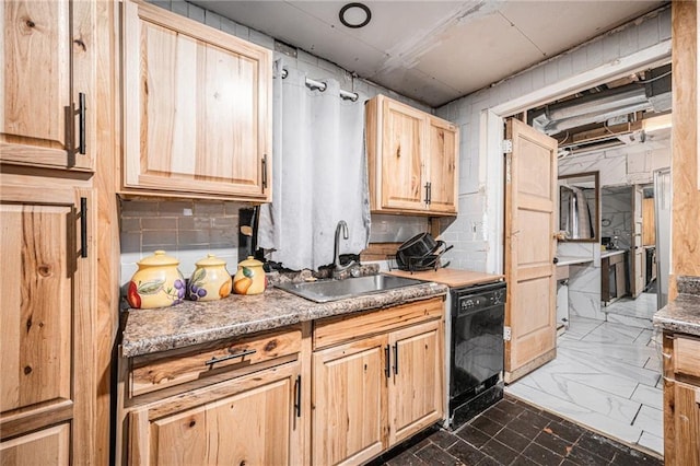 kitchen featuring tasteful backsplash, light brown cabinetry, black dishwasher, and sink