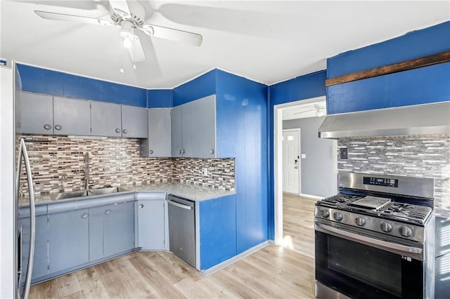 kitchen featuring sink, backsplash, stainless steel appliances, extractor fan, and light wood-type flooring