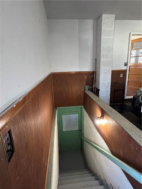 stairway with wainscoting and wood walls