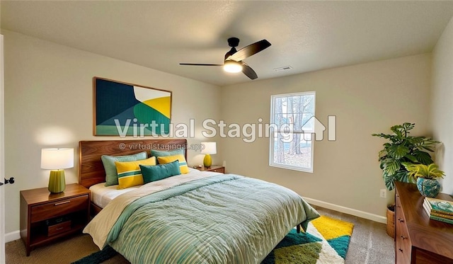 carpeted bedroom featuring ceiling fan