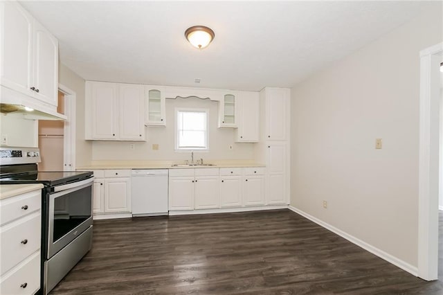 kitchen featuring electric stove, white cabinetry, white dishwasher, and sink