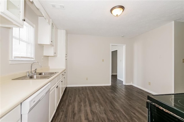 kitchen with white cabinetry, dark wood-type flooring, dishwasher, and sink