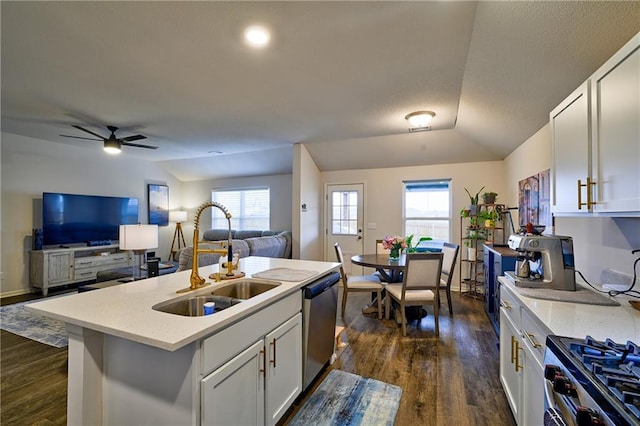 kitchen with appliances with stainless steel finishes, white cabinetry, lofted ceiling, sink, and a kitchen island with sink