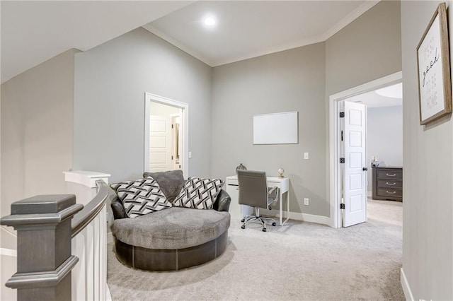 home office with crown molding and light colored carpet