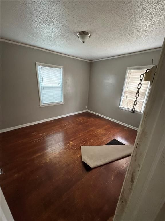 unfurnished room with crown molding, plenty of natural light, and a textured ceiling