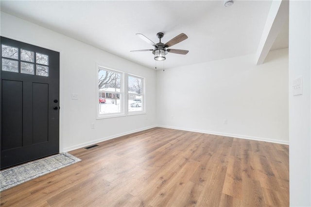 entryway featuring ceiling fan and light wood-type flooring