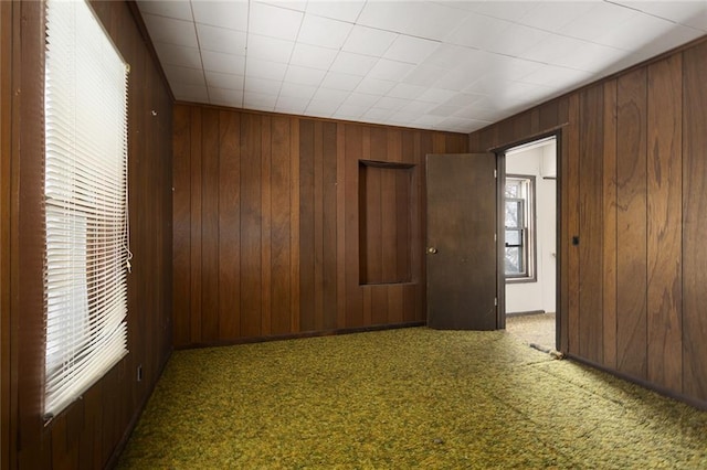 carpeted spare room with wooden walls