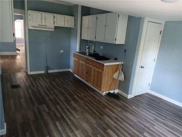 3731 College Ave, Kansas City, MO 64128 - kitchen featuring white cabinetry, sink, and dark wood-type flooring
