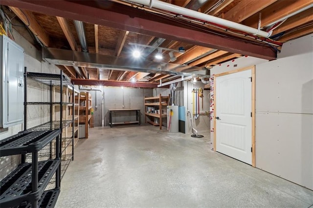 unfinished basement featuring electric panel and water heater