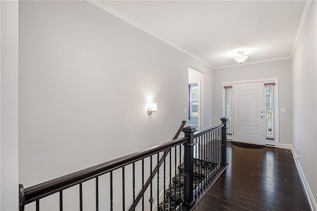 entrance foyer featuring ornamental molding and dark wood-type flooring