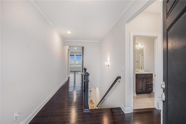 hall with dark hardwood / wood-style flooring, sink, and crown molding