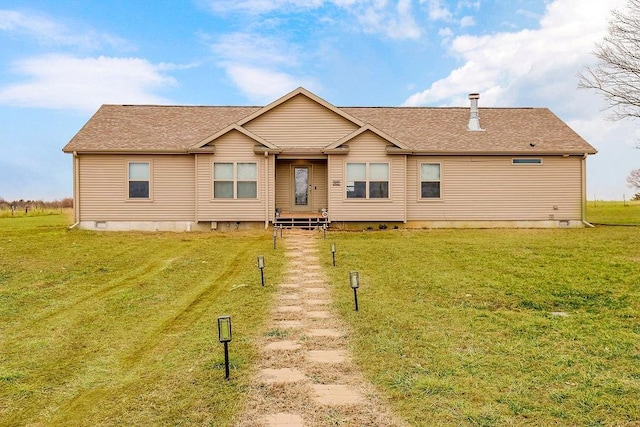 view of front of property featuring a shingled roof, crawl space, and a front lawn