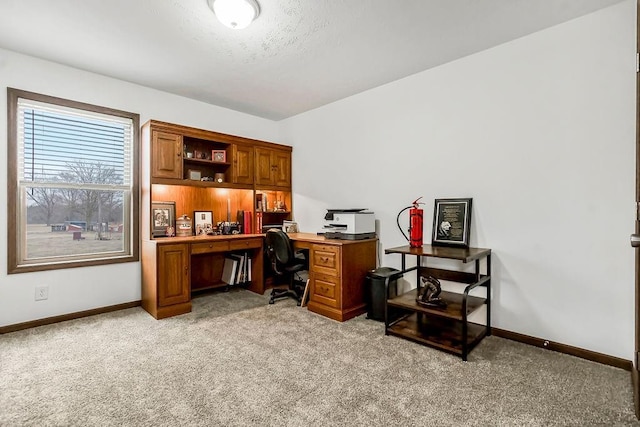 office area featuring baseboards and light colored carpet