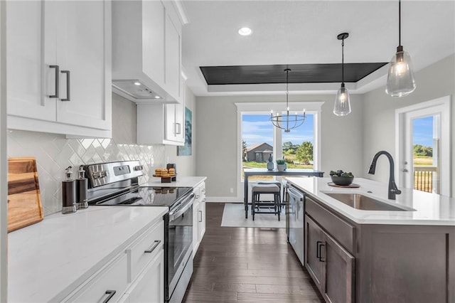 kitchen featuring a raised ceiling, appliances with stainless steel finishes, sink, and white cabinets