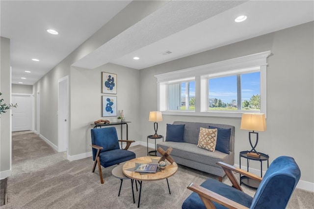 living room with light colored carpet