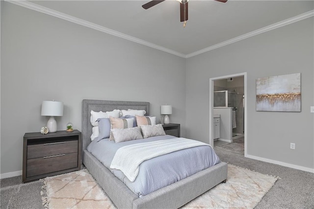 carpeted bedroom featuring ornamental molding, ceiling fan, and ensuite bathroom