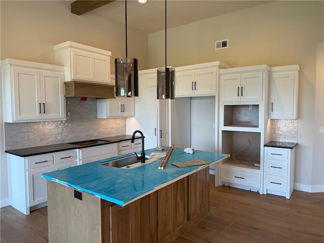 17351 S Kaw St, Olathe, KS 66062 - kitchen featuring a sink, dark wood-type flooring, tasteful backsplash, white cabinetry, and baseboards