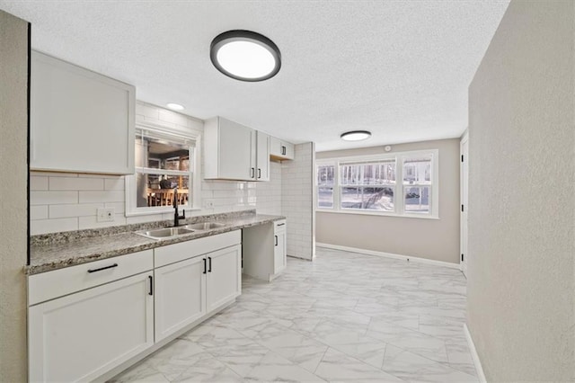 kitchen featuring tasteful backsplash, white cabinetry, and sink