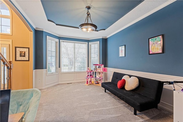 rec room featuring a decorative wall, carpet flooring, wainscoting, a raised ceiling, and crown molding