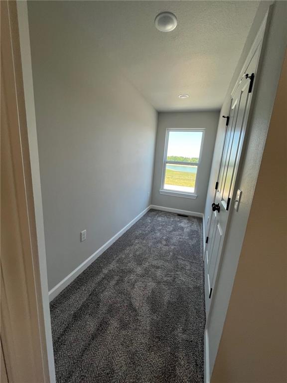 interior space featuring baseboards and dark carpet