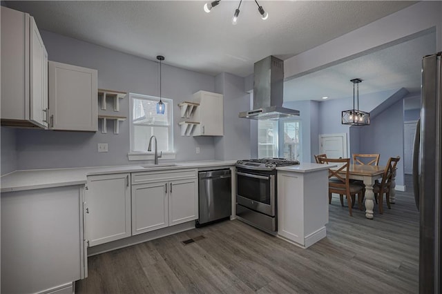 kitchen featuring sink, hanging light fixtures, island exhaust hood, stainless steel appliances, and white cabinets