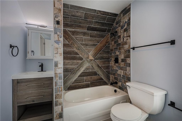 full bathroom with tiled shower / bath combo, vanity, and toilet