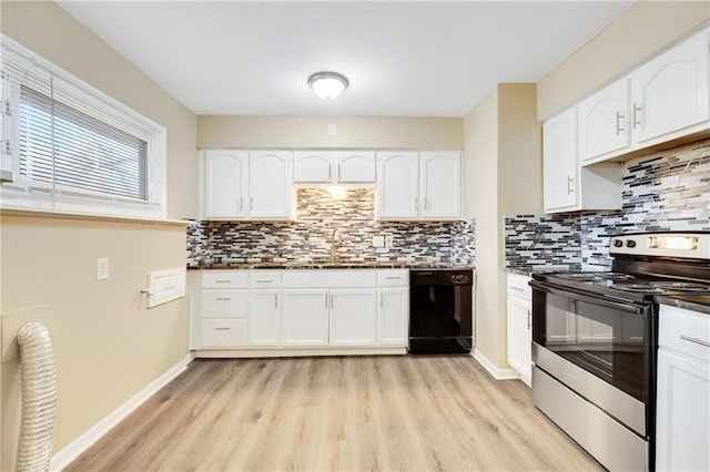 kitchen featuring electric stove, white cabinetry, tasteful backsplash, and black dishwasher