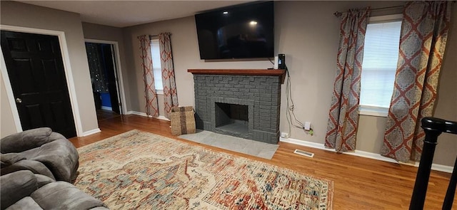 living room with a fireplace and wood-type flooring