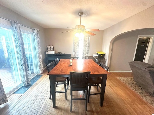 dining room featuring baseboards, arched walkways, ceiling fan, wood finished floors, and a textured ceiling