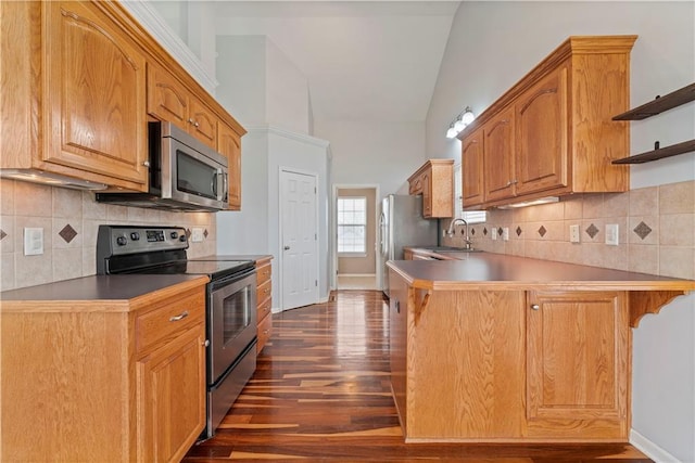 kitchen featuring sink, tasteful backsplash, appliances with stainless steel finishes, dark hardwood / wood-style floors, and kitchen peninsula