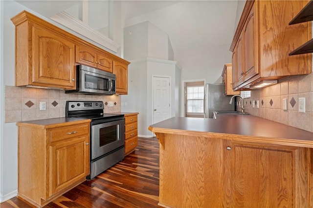 kitchen featuring stainless steel appliances, sink, dark wood-type flooring, and decorative backsplash