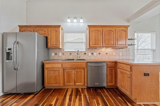 kitchen with appliances with stainless steel finishes, sink, backsplash, and dark hardwood / wood-style flooring