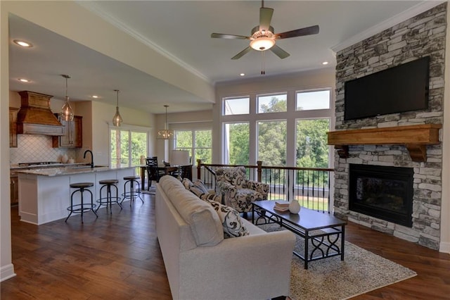 living room with a stone fireplace, sink, ornamental molding, ceiling fan, and dark wood-type flooring