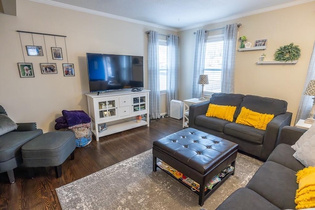 living room with crown molding and dark wood-type flooring